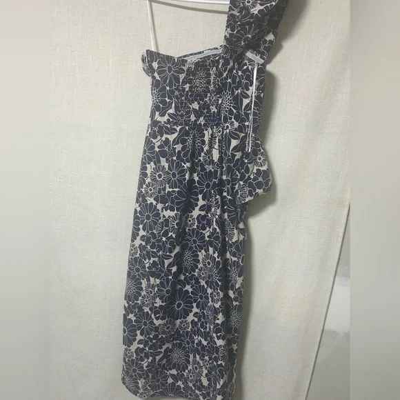 Anthropologie Navy and Cream Floral One-Shoulder Dress - Picture 6 of 7